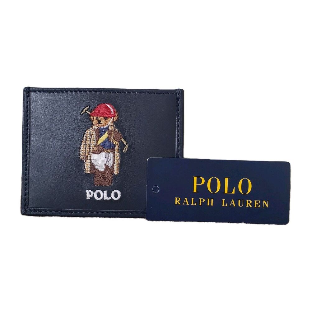 NWT Polo Ralph Lauren Golf Polo Bear Newport Navy Leather Card Case Embroidered
